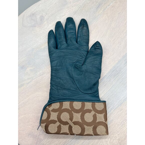 Coach Womens Green Leather Gloves With Signature Cuff Detail Size 7.5 - Picture 5 of 11